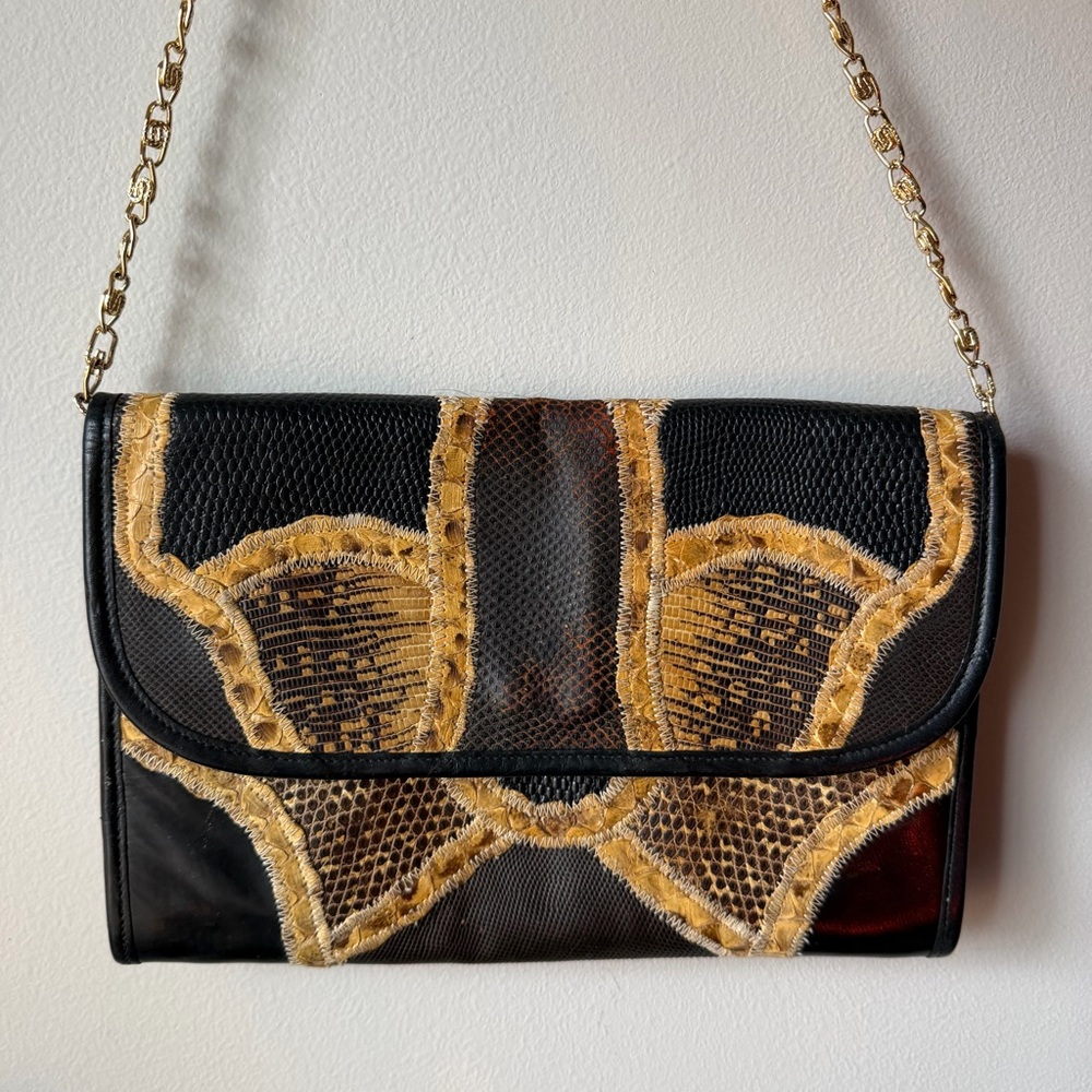 Vintage Snakeskin and Lizard Bag by Varon Clutch w Gold Chain Shoulder Strap